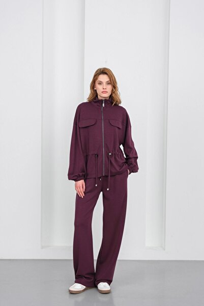 Basicpark Mürdüm Women's Full-Length Zippered Mock Neck Piece Premium Modal Top and Bottom Set