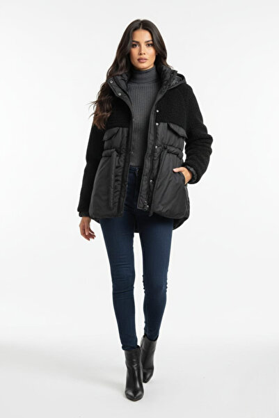 KAPSHON KADIN TEDDY KUMAŞ DETAYLI BELDEN BAĞLAMALI FERMUARLI ŞİŞME MONT CEKET