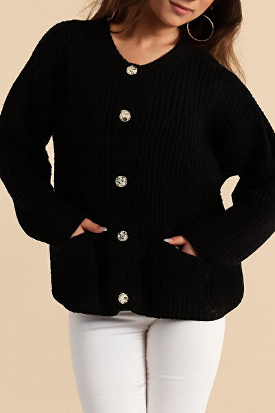 AURRARİ Black Buttoned Women's Thick Knit Cardigan with Pockets