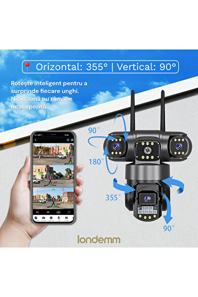 LONDEMM LONDEMM Triple SIM 4G Video Surveillance Camera, 6MP Full HD, PTZ 355°, Phone Control V380Pro