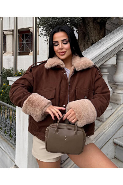 pembekurdelem Women's Oversized Brown Denim Coat with Sleeves and Complete Br...