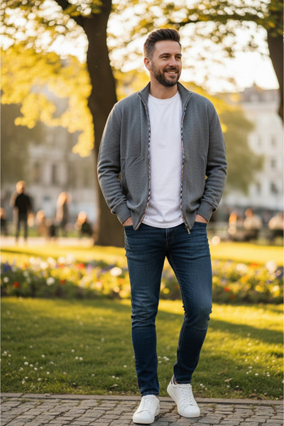 YusGos Men's Half Turtleneck Zippered Plaid Detailed Transitional High Quality Cardigan