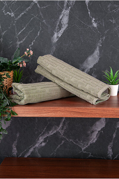 ihvan online Brick Patterned 2-Piece Foot Towel - 50X70 cm - Water Absorbent Bath Mat Set - Green