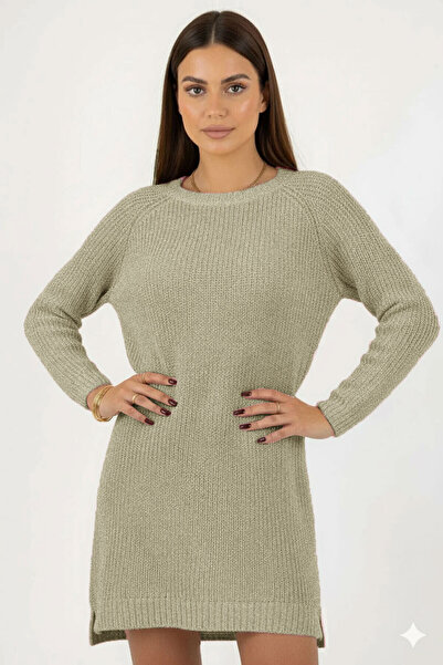 Millionaire Women's Light Water Green Crew Neck Long Tunic Dress Thick Knit Italian Sleeve Y Slit Knitwear Sweater