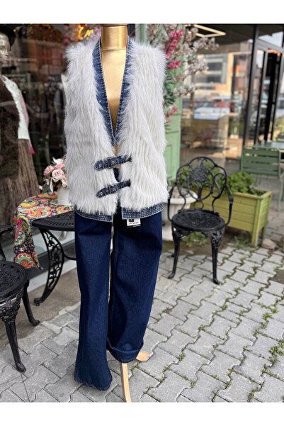 ŞEHRAZAT BUTİK Denim Detailed Self-Belted Design Fur Vest