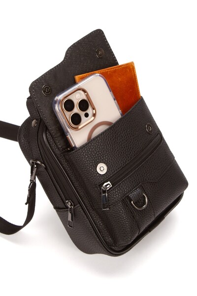 Newish Men's Black Faux Leather Crossbody Bag with Phone Compartment