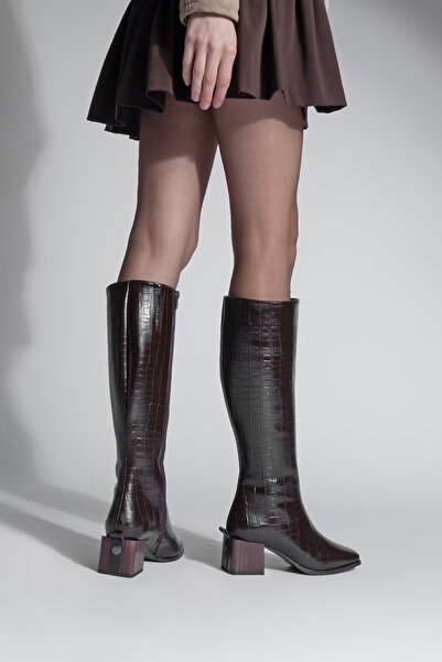 Marjin Women's Blunt Toe Zippered Thick Heeled Boots Lusso Brown Croco