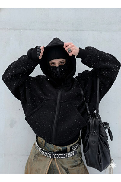 Touz Moda Crystal Glitter Stone Printed Cardigan with Hooded Snow Masks