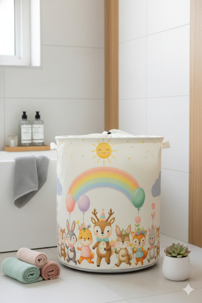 HomyJRs Cute Dancing Animal Printed Mesh Multi-Purpose Toy Dirty Laundry Basket Folding Organizer 37X40