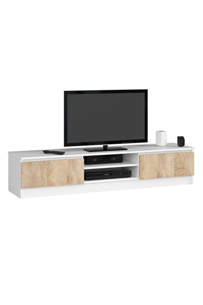 SERSIMO Mobilier TV cu 2 uși și rafturi centrale, PAL laminat, 160x40x33 cm alb și stejar sonoma