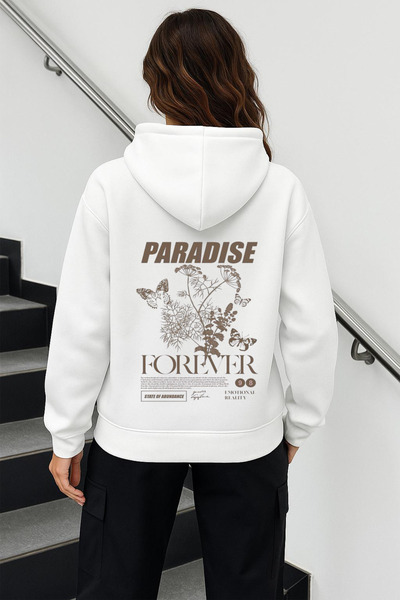 Rivox سويت شيرت أبيض للجنسين بغطاء رأس قصة فضفاضة Paradise مطبوع