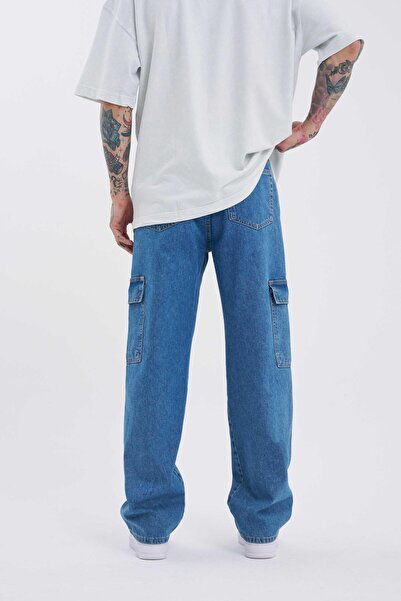 Machinist Men's Washable Cargo Pocket Pack Baggy Fit Jean Trousers Dark Blue