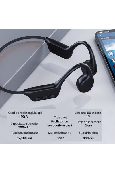 VeReTech Căști Bone Conduction, Wireless BT 5.4, Sunet HD, 32GB, Încărcare Magnetică, Alb