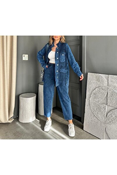 Lavanta Tekstil Denim Patchwork Knit Design Jacket Pants Set