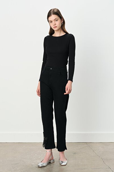 Nihan Paçası İşlemeli Jean Denim Pantolon Siyah