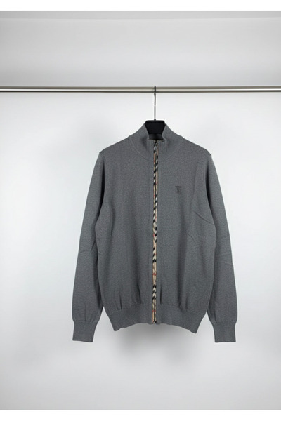 YusGos Men's Half Turtleneck Zippered Plaid Detailed Transitional High Quality Cardigan