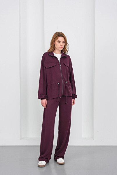 Basicpark Mürdüm Women's Full-Length Zippered Mock Neck Piece Premium Modal Top and Bottom Set