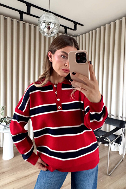 Sue Store Red Polo Neck Navy Blue Striped Oversized Sweater