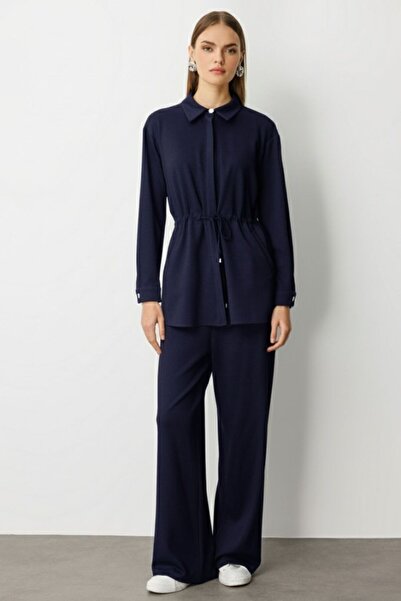 Mizalle İndigo Mavi Beli İp Büzgülü Yumuşak Dokulu İndigo Tunik