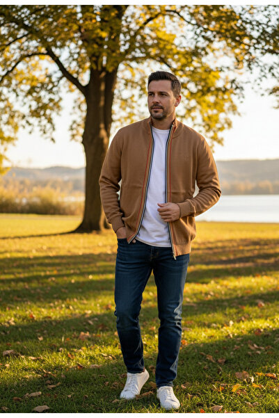 YusGos Men's Half Turtleneck Zippered Stripe Detailed Transitional High Quality Cardigan