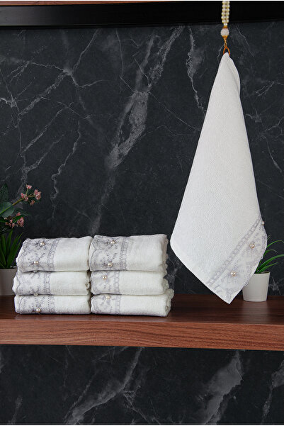 ihvan online 100% Cotton Velvet Guipure Lace Pearl Embroidered Set of 6 Dowry Hand Towels - 30X50 cm - 04466 - Gray