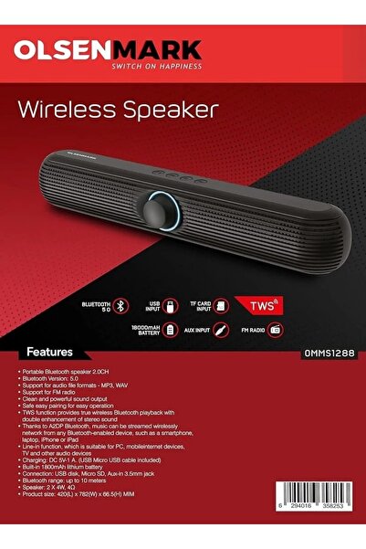 Olsenmark Wireless speaker, Bluetooth 2.0 FM channel, USB, TF card, AUX input, TWS, 2 x 6W speaker (OMMS1288)