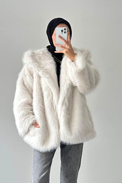 lamelif παλτό με συνθετική γούνα Εκρού