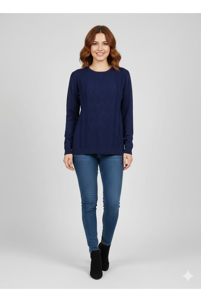 YASEŞA BUTİK ANNE KADIN GENÇ BÜYÜK BEDEN LACİVERT YIRTMAÇLI TRİKO KAZAK