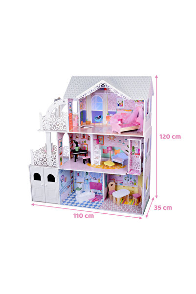 Jokomisiada Wooden dollhouse for children XXL, with 3 floors and 7 fully equipped and furnished rooms, dime