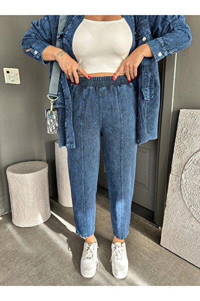 Lavanta Tekstil Denim Patchwork Knit Design Jacket Pants Set