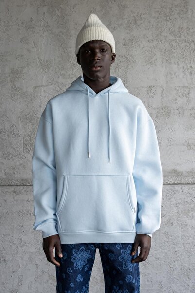 Machinist Men's Oversized Basic Hooded Sweatshirt Light Blue