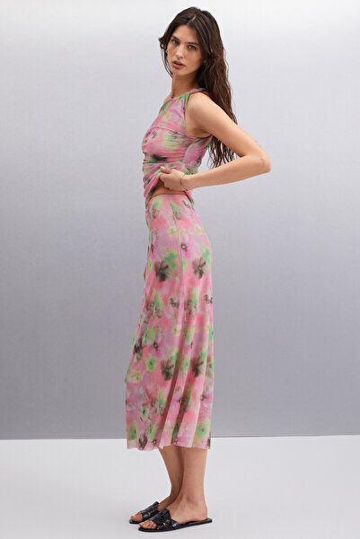 ETHIQUET Jaxie Women's Slim Fit Water Patterned Tulle Lined Pink Skirt