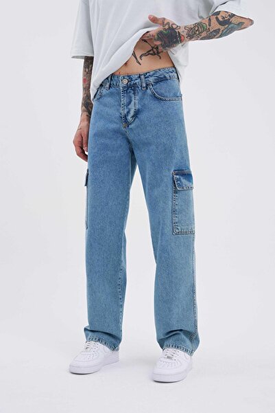 Machinist Men's Washable Cargo Pocket Pack Baggy Fit Jean Trousers Blue