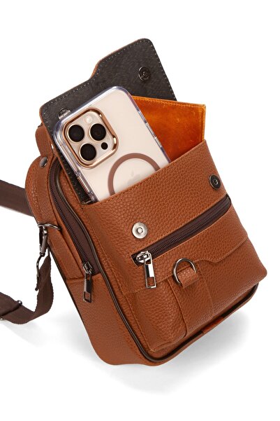 Newish Men's Tan Faux Leather Crossbody Bag with Phone Compartment
