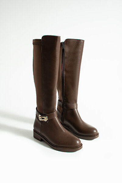 onthestar Kadın Uzun Çizme Kahverengi Tokalı Fermualı Streç Konçlu Diz Altı