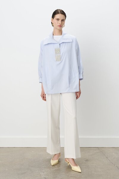 Nihan Kare Taşlı Gömlek Pamuk Tunik Mavi