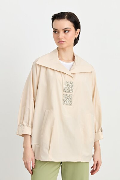 Nihan Kare Taşlı Gömlek Pamuk Tunik Bej