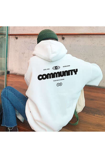 Rivox Unisex White Hooded Oversized Sweatshirt Community Printed