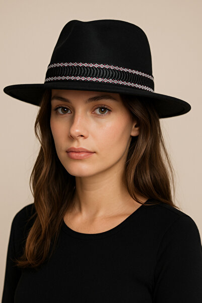CosmoOutlet Black Women's Panama Fedora Hat with Adjustable Inside Mesh Band Detail
