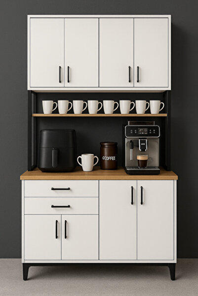 ELİF AY MOBİLYA Kahve Köşesi Çok Amaçlı Dolap 8 Kapaklı 2 Çekmeceli Raflı Kiler Mutfak Dolabı Sepet-Beyaz