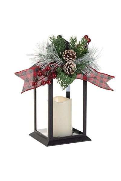 OEM Decorative Christmas Lantern Black with LED Candle & Branches 14x14x33cm