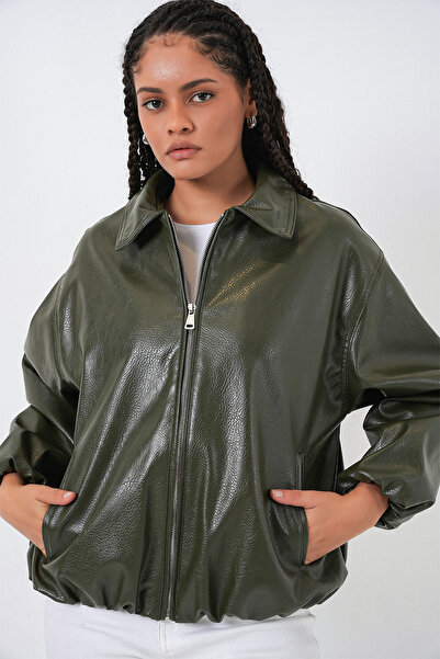 Bigdart Jachetă din piele artificială supradimensionat pentru femei 1049 - kaki