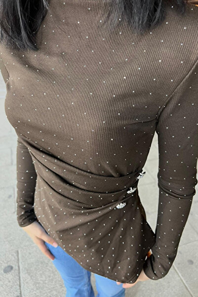 thesunfyre Women's Stoned Shoulder Pad Pack Asymmetrical Women's Blouse with Waist Detail