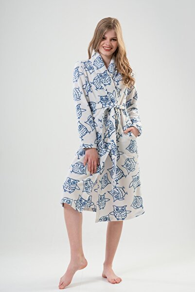 VİENETTA Women's Fleece Shawl Collar Dressing Gown – Owl Patterned White Model C8T2N0102
