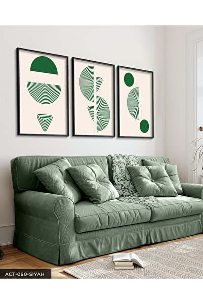 Evinemoda Zeleni apstraktni uzorak, 3 delna crna slika u drvenom okviru