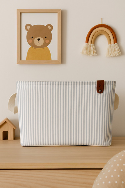 HomyJRs Gray Striped Multi-Purpose In-Cabinet Toy Storage Box Basket Organizer 18x22x30