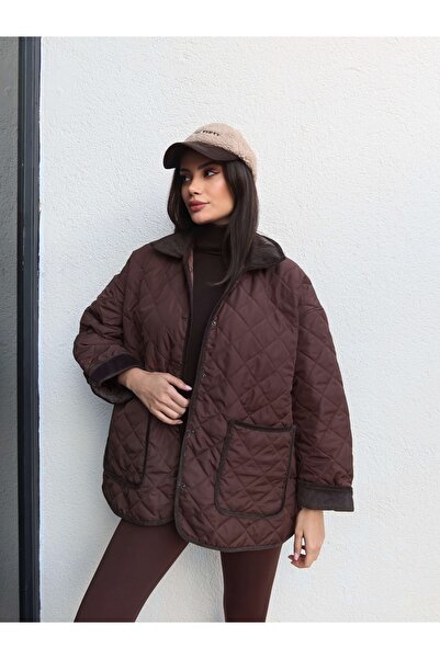 ESRAHELVACI Velvet Collar Snap Fastener Quilted Coat