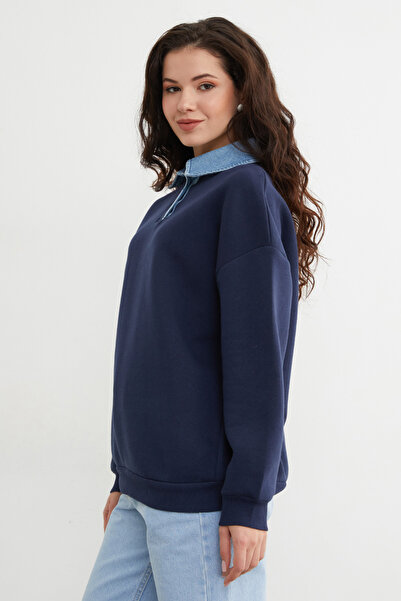 Fulla Moda Φούτερ με γιακά πουκάμισο 3 Thread Denim G συνδυασμός υφασμάτων O oversized