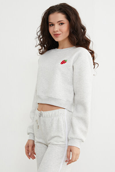 Fulla Moda 3 Thread Strawberry Embroidered Crop Sweatshirt