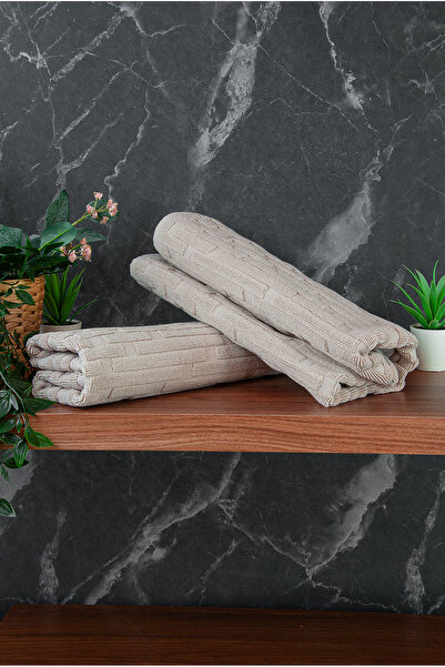 ihvan online Brick Patterned 2-Piece Foot Towel - 50X70 cm - Water Absorbent Bath Mat Set - Cream